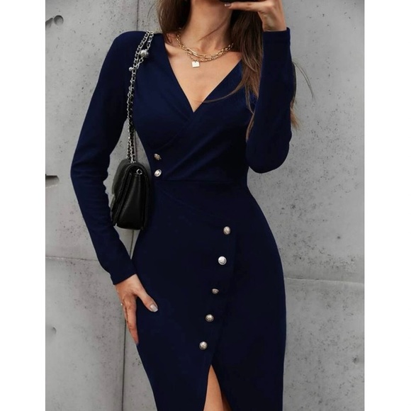 Boho navy blue button detail asymmetrical hem wrap dress - Picture 6 of 14